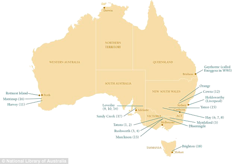 Map of Australian internment camps during the Second World War (National Library of Australia)
