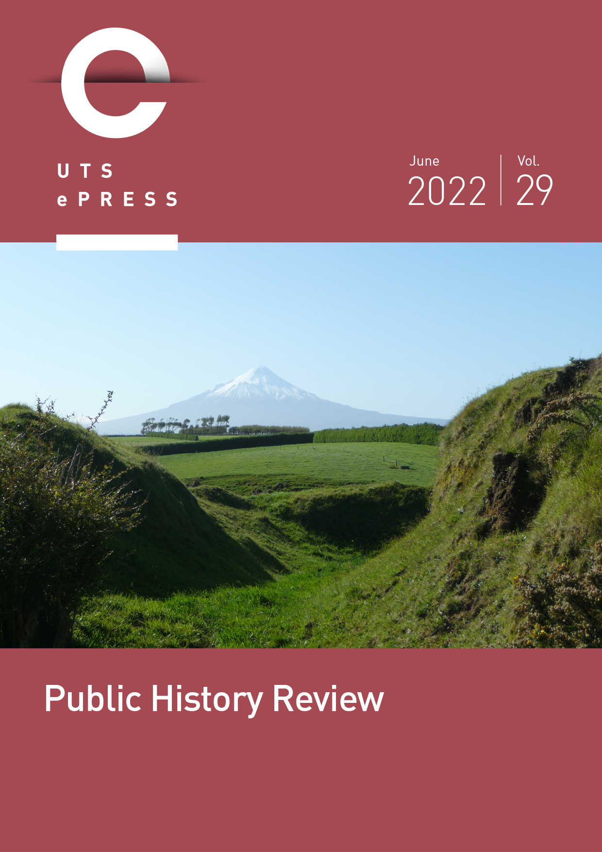 "Public History Review" 2022 Volume 29 cover. Cover image of Taranaki Maunga by Ewen Morris. The work is reproduced with permission.